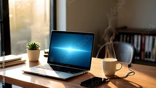 Wallpaper Mural Minimalist Home Office Desk with Laptop and Coffee Cup Torontodigital.ca