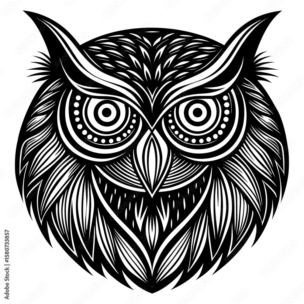 Obraz premium Vector owl face symmetrical, stencil-like black and white design with detailed circular and chevron eyes and feathers