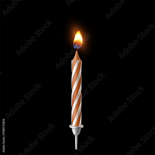 3D realistic candle striped orange color for birthday cake, vector holiday candle with burning flame candlelight on wick