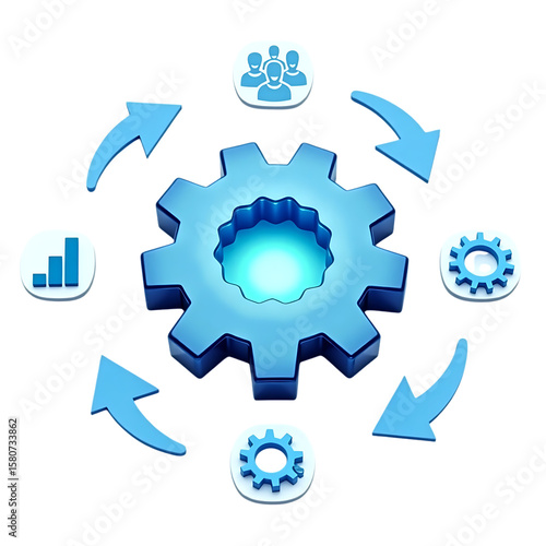 Blue gear icon with arrows illustrates a process or workflow concept isolated on transparent background