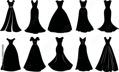 Ten elegant black dress silhouettes displayed on a white background showcase formal and casual fashion styles, perfect for design elements.