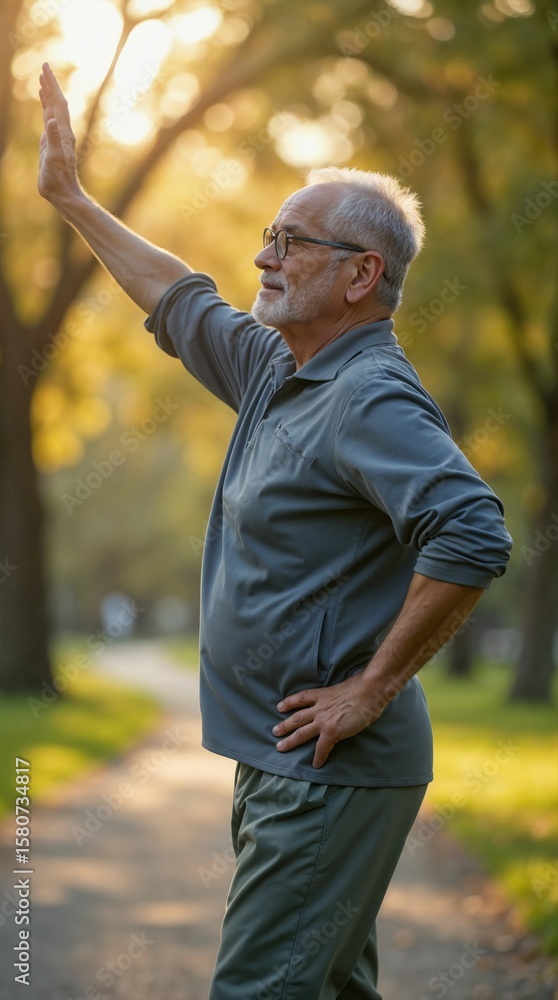Obraz premium A senior man stretching his arm while exercising in a park at sunset