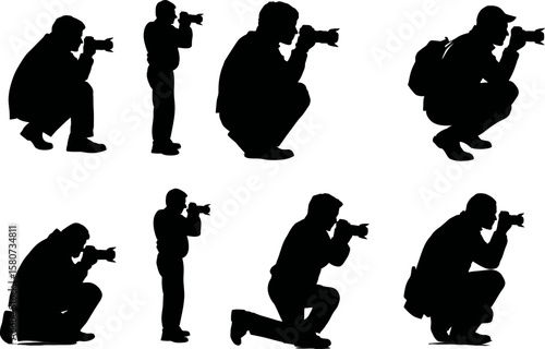 Dynamic set of photographer silhouettes in various poses, ideal for illustrating photography, journalism, or capturing moments with camera equipment.