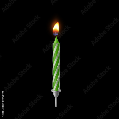3D realistic candle striped green color for birthday cake, vector holiday candlelight decoration with burning flame