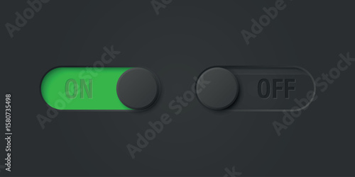 Vector Black Toggle Switch Set on Black Background. Realistic Toggle Switch. On Off Button, Modern Toggle Switch for User Interface, App, Web, Settings, Technology. UI Element, Control Panel
