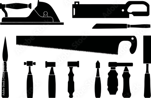 Various woodworking tools are displayed in a black silhouette on a white background, showing traditional craftsmanship instruments.