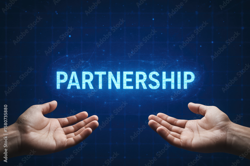 Obraz premium Two hands reaching out symbolically project a glowing connection over a digital grid representing collaboration in a futuristic business environment