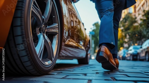Stylish entrance: A confident man approaching an upscale car on a cobblestone street