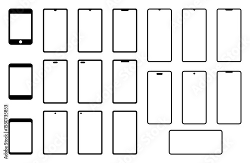 正面から見た様々なスマホ画面のシンプルな白背景ベクターイラストセット