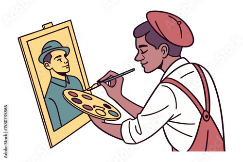 Artist skillfully paints a portrait of a man wearing a hat holding a palette and brush focused on creation