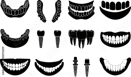 Collection of black and white dental illustrations showcasing teeth, implants, and dental arches perfect for educational materials, silhouette