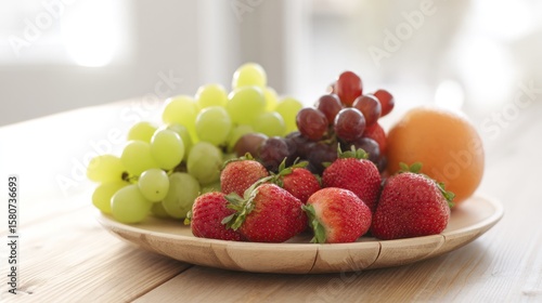 Vibrant arrangement of fresh fruits on a wooden table, showcasing natural beauty and freshness.