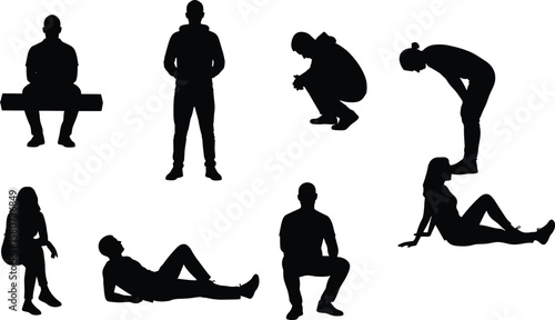 Silhouettes of diverse human poses, sitting, standing, squatting, lying, artistic postures, black and white, isolated people stock image