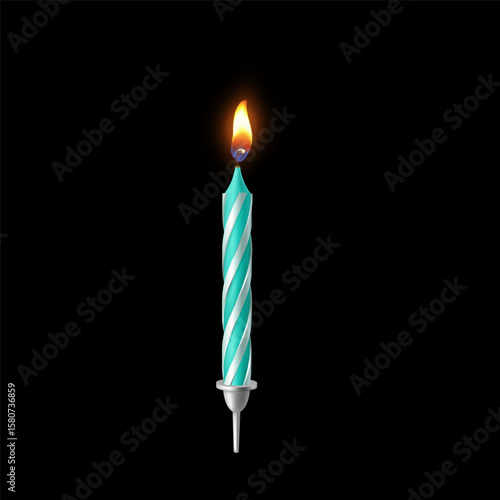 Realistic wax candle with green stripes, lit wick with flame, stand.