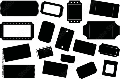 Various black ticket stubs are scattered on a white background, presenting a vintage style perfect for invitations or event promotions, silhouette