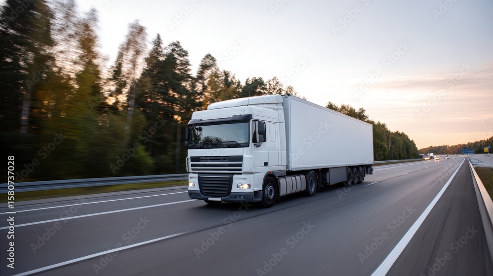 Naklejka premium Truck on highway at sunset with motion blur