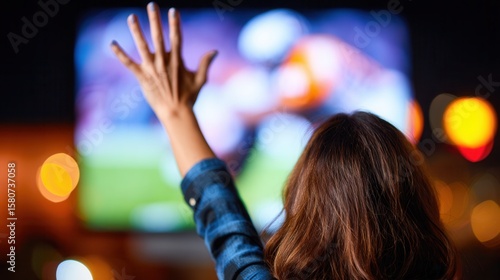 Woman watching football game enthusiastically gestures in living room