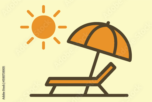 Serene Beach Escape Minimalist Sun, Umbrella, and Lounger Illustration
