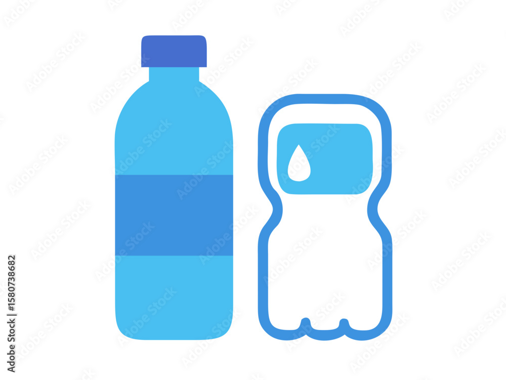 Fototapeta premium Two stylized plastic water bottles, one light and one dark, perfect for beverage design concepts. Simple, flat vector illustration of two plastic water bottles, one light gray/white with dark stripes,