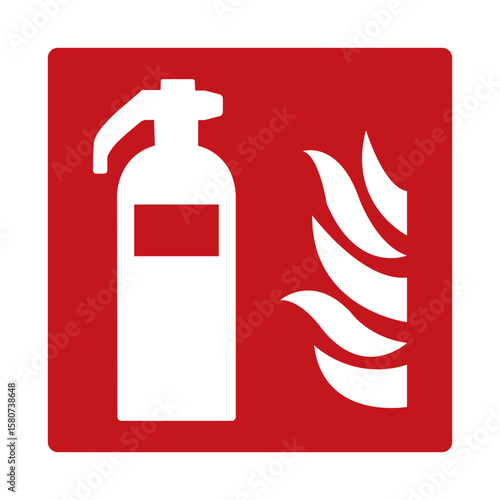 Fire extinguisher. Red sign. Fire fighting equipment sign. Location of portable fire extinguisher. Hand held fire extinguisher. Red cylindrical cylinder with a nozzle or tube.
