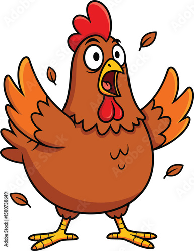 Surprised and Scared Cartoon Chicken Illustration, Wide-Eyed Hen Reacting in Shock, Funny Farm Animal Expressing Fear with Falling Leaves, Humorous Poultry."