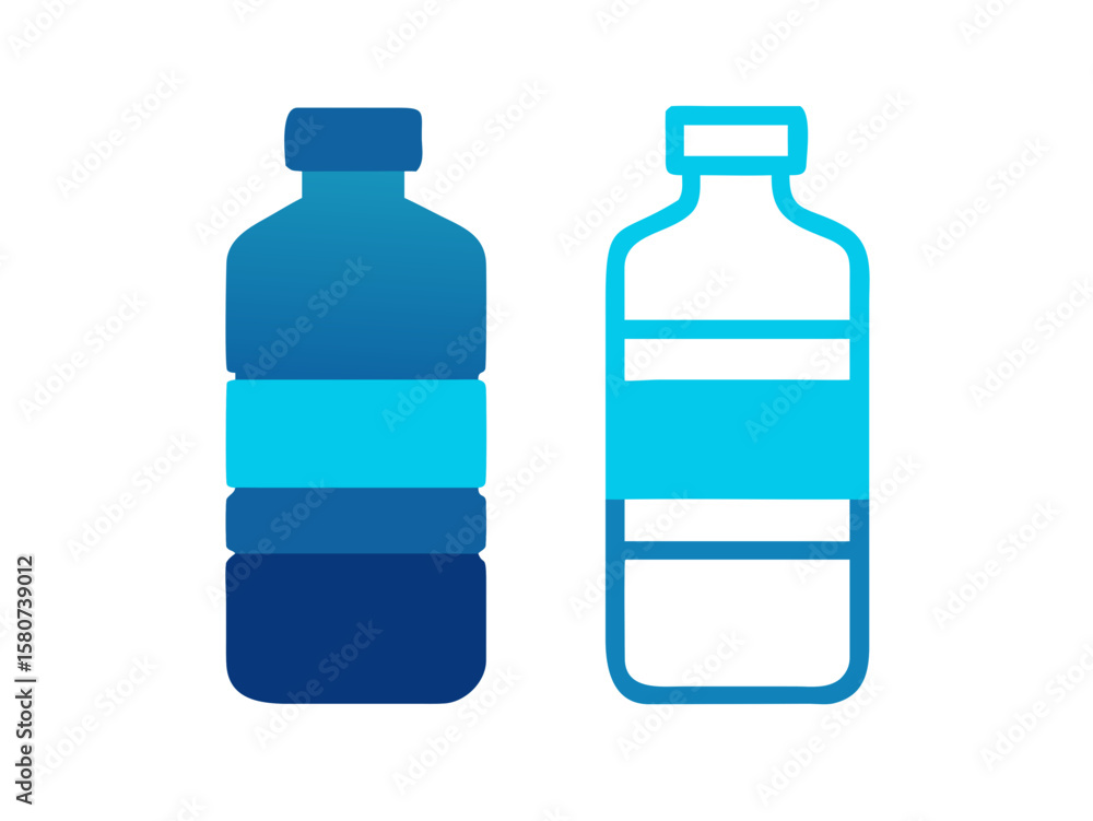 Fototapeta premium Two stylized plastic water bottles, one light and one dark, perfect for beverage design concepts. Simple, flat vector illustration of two plastic water bottles, one light gray/white with dark stripes,