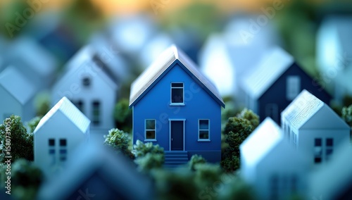 Wallpaper Mural Miniature blue house surrounded by white and gray houses in a scenic neighborhood setting demonstrating charm and tranquility in real estate concept Torontodigital.ca