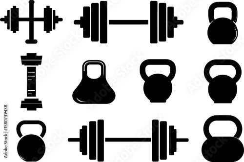 Workout illustration displaying an array of gym equipment, like barbells and kettlebells in a clean vector style for fitness related content, silhouette