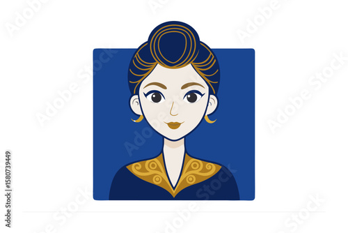 Stylized illustration of a woman with dark hair styled in an intricate updo and wearing a dark blue garment with gold ornate detailing on the neckline