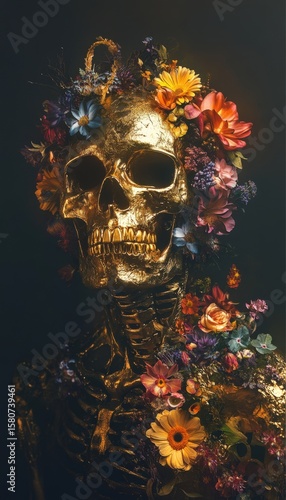 Golden skull with colorful floral wreath