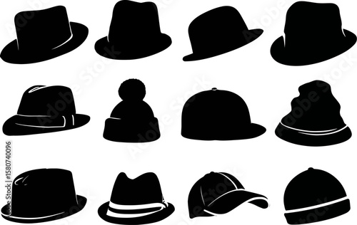 Silhouette collection showcases various hat designs including fedoras, baseball caps, and beanies for diverse styling options.