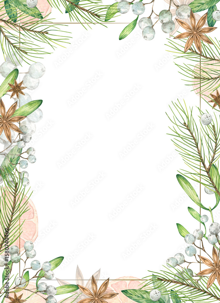 Naklejka premium A watercolor frame featuring green leaves, fir twigs, white berries, and star anise isolated on white background. The design is elegant and suitable for invitations or greeting cards.