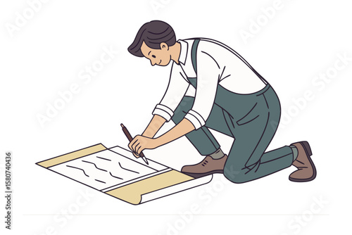 A skilled craftsman meticulously draws on a blueprint carefully planning his next construction project with precision and focus
