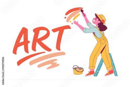 A cheerful blonde woman artist holding a paintbrush is about to paint the large colorful word art on a white background