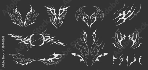 A set of abstract patterns in neo-tribal style on a black isolated background.