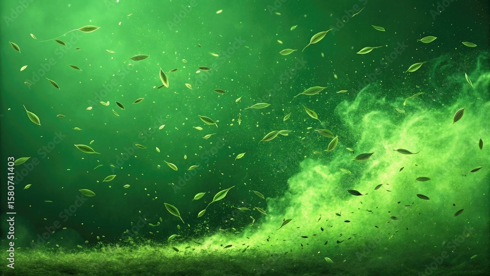 Fototapeta premium Abstract green background with swirling leaves and luminous particles creating a magical atmosphere.