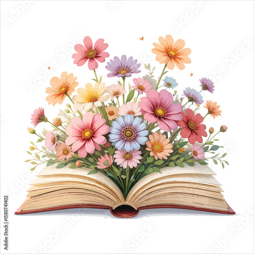 Vector art of flowers bloom from an open book