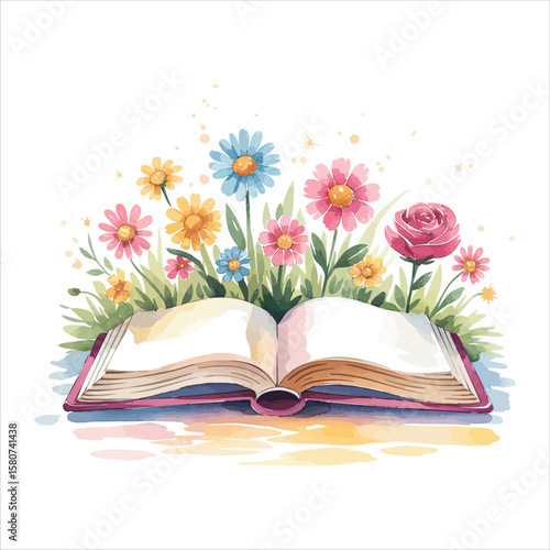 Vector art of flowers bloom from an open book