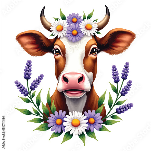 Vector art of a cow with daisies and lavender