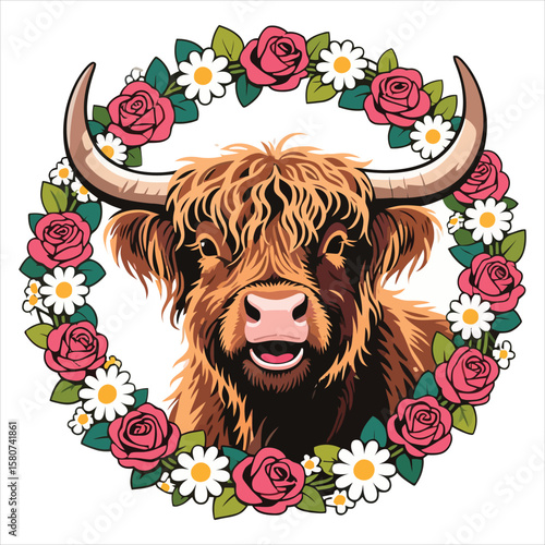 Vector art of a highland cow in a flower wreath