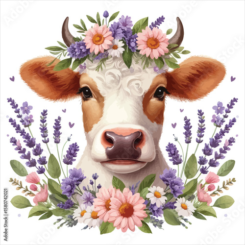 Vector art of a cow with a floral wreath