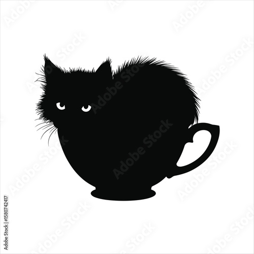 Black cat silhouette in a teacup with wide eyes and fluffy fur animal