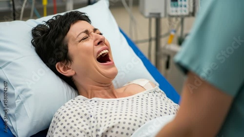 A woman in labor screams in pain during childbirth at a hospital, attended by medical staff
