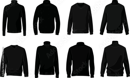 Assorted black sweaters showcase different styles of knitwear, including turtleneck and v-neck designs, on a white background, silhouette