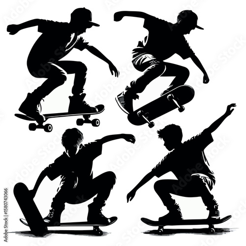  Boys skateboarding silhouette vector with white baground 