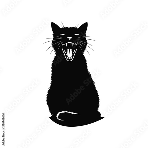 Black cat silhouette yawning with sharp teeth and wide open mouth vector