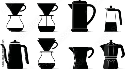 Coffee brewing methods showcase features a variety of coffee makers in a graphic black silhouette against a clean, white background.