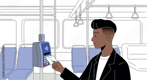Urban Commuter Tapping Contactless Payment Card on Public Transit Illustration