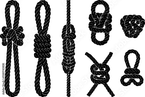An assortment of nautical knots is depicted in black and white, showcasing varied ropemanship skills and techniques for sailors, silhouette