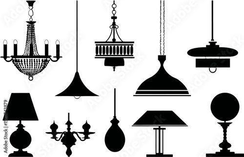 Diverse lighting fixtures are displayed as black silhouettes on a white backdrop, featuring chandeliers and table lamps.
